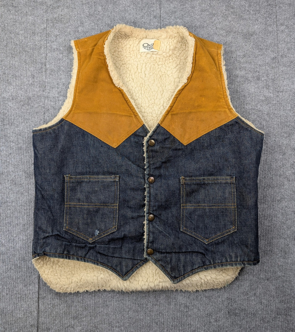 Vintage Denim Vest Men Large Western Faux Sherpa Lined Rodeo 70s Cottage Country